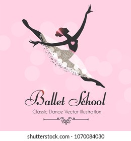 Ballet School Flyer Template. Ballerina Silhouette with Elegant Tutu. Soft Theatre Ticket Design. Classic Dance Class. Pink Bokeh Design. Vector illustration