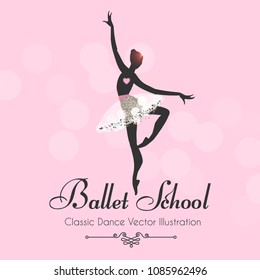 Ballet School Flyer Template. Ballerina Silhouette with Elegant Tutu. Soft Theatre Ticket Design. Classic Dance Class. Pink Bokeh Design. Vector illustration