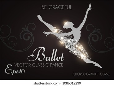 Ballet School Flyer Template. Ballerina Silhouette with Glittering Elegant Tutu. Theatre Ticket Design. Classic Dance Class. Black and Shining Silver Design with Flourish Swirls.Vector illustration