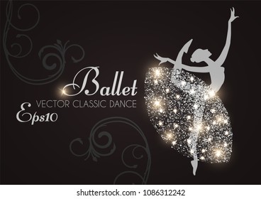 Ballet School Flyer Template. Ballerina Silhouette with Glittering Elegant Tutu. Theatre Ticket Design. Classic Dance Class. Black and Shining Silver Design with Flourish Swirls.Vector illustration
