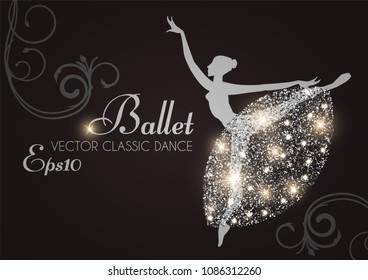 Ballet School Flyer Template. Ballerina Silhouette with Glittering Elegant Tutu. Theatre Ticket Design. Classic Dance Class. Black and Shining Silver Design with Flourish Swirls.Vector illustration