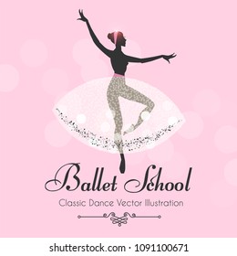 Ballet School Flyer Template. Ballerina Silhouette with Elegant Tutu. Soft Theatre Ticket Design. Classic Dance Class. Pink Bokeh Design. Vector illustration