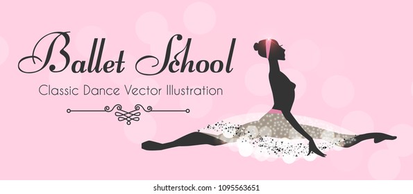 Ballet School Flyer Template. Ballerina Silhouette with Elegant Tutu. Soft Theatre Ticket Design. Classic Dance Class. Pink Bokeh Design. Vector illustration