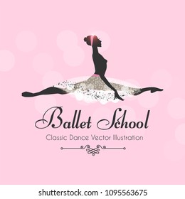 Ballet School Flyer Template. Ballerina Silhouette with Elegant Tutu. Soft Theatre Ticket Design. Classic Dance Class. Pink Bokeh Design. Vector illustration