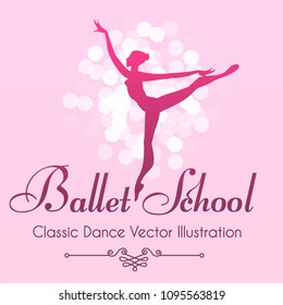 Ballet School Flyer Template. Ballerina Silhouette with Gradient and Bokeh Effect . Soft Theatre Ticket Design. Classic Dance Class. Pink Design. Vector illustration