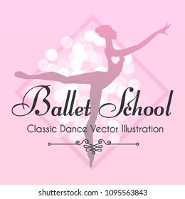 Ballet School Flyer Template. Ballerina Silhouette with Gradient and Bokeh Effect . Soft Theatre Ticket Design. Classic Dance Class. Pink Design. Vector illustration