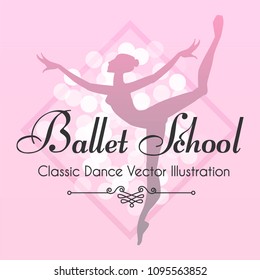 Ballet School Flyer Template. Ballerina Silhouette with Gradient and Bokeh Effect . Soft Theatre Ticket Design. Classic Dance Class. Pink Design. Vector illustration