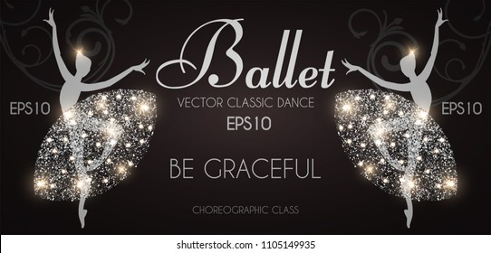 Ballet School Flyer Template. Ballerina Silhouette with Glittering Elegant Tutu. Theatre Ticket Design. Classic Dance Class. Black and Shining Silver Design with Flourish Swirls.Vector illustration