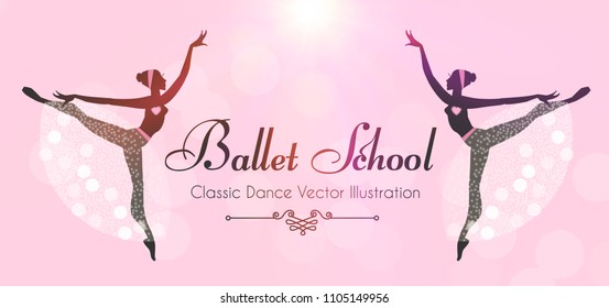 Ballet School Flyer Template. Ballerina Silhouette with Elegant Tutu. Soft Theatre Ticket Design. Classic Dance Class. Pink Bokeh Design. Vector illustration