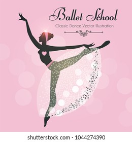 Ballet School Flyer Template. Elegant Cards with Ballerina Silhouette with Soft Tutu. Theatre Ticket Design. Classic Dance Class. Pink Bokeh Design. Vector illustration