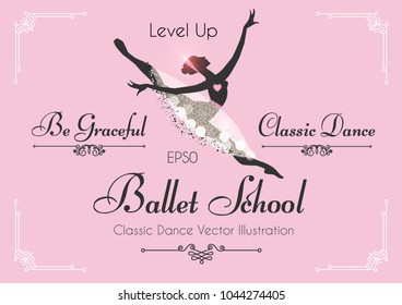 Ballet School Flyer Template. Elegant Cards with Ballerina Silhouette with Soft Tutu. Theatre Ticket Design. Classic Dance Class. Pink Bokeh Design. Vector illustration