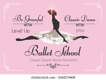 Ballet School Flyer Template. Elegant Cards with Ballerina Silhouette with Soft Tutu. Theatre Ticket Design. Classic Dance Class. Pink Bokeh Design. Vector illustration