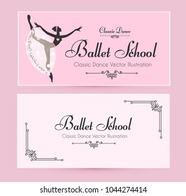 Ballet School Flyer Template. Elegant Cards with Ballerina Silhouette with Soft Tutu. Theatre Ticket Design. Classic Dance Class. Pink Bokeh Design. Vector illustration