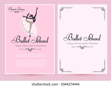 Ballet School Flyer Template. Elegant Cards with Ballerina Silhouette with Soft Tutu. Theatre Ticket Design. Classic Dance Class. Pink Bokeh Design. Vector illustration