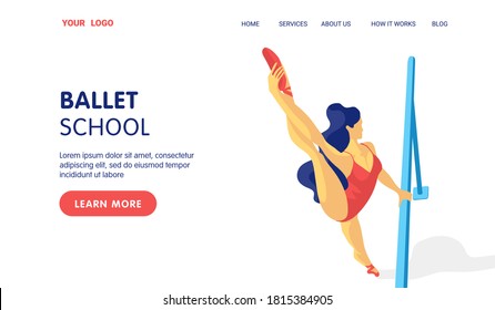 Ballet school landing page template. Beautiful ballerina posing in class top view. Vector flat cartoon illustration
