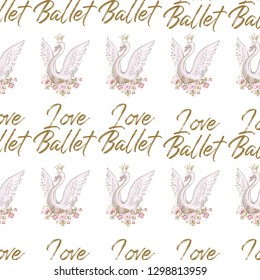Ballet school seamless pattern with princess swan and I love ballet slogan. Hand drawn gold and pink vintage watercolor illustration on white background. Cute backdrop for dance school promo cards.