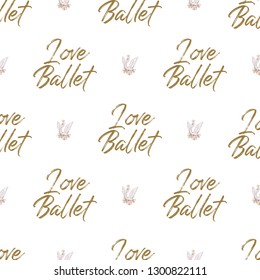 Ballet school seamless pattern with princess swan and I love ballet slogan. Hand drawn gold and pink vintage watercolor illustration on white background. Cute backdrop for dance school promo cards.