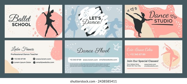 Ballet school, template business card design set. Classical dance studio contact at corporate paper collection, vector illustration. Girl dancer character silhouette at graphic design with contacts