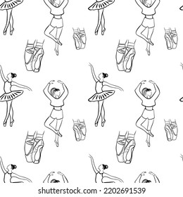 ballet seamless pattern. ballerina. pointe shoes. Dancing. Rehearsal. cover for a notebook. the cloth. wallpaper. outline. sketch. music. performance on stage.