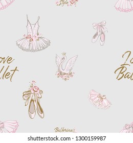 Ballet seamless pattern with ballerina symbols: tutu, pointe, swan. Cute backdrop for ballet school, dance class invitation flyers and cards decoration. Gold and pink illustration on white background.