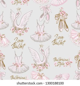 Ballet seamless pattern with ballerina symbols: tutu, pointe, swan. Cute backdrop for ballet school, dance class invitation flyers and cards decoration. Gold and pink illustration on white background.