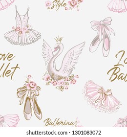 Ballet seamless pattern with ballerina symbols: tutu, pointe, swan. Cute backdrop for ballet school, dance class invitation flyers and cards decoration. Gold and pink illustration on white background.