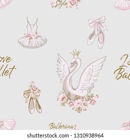 Ballet seamless pattern with ballerina symbols: tutu, pointe, swan. Cute backdrop for ballet school, dance class invitation flyers and cards decoration. Gold and pink illustration on white background.