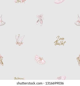 Ballet seamless pattern with ballerina symbols: tutu, pointe, swan. Cute backdrop for ballet school, dance class invitation flyers and cards decoration. Gold and pink illustration on white background.