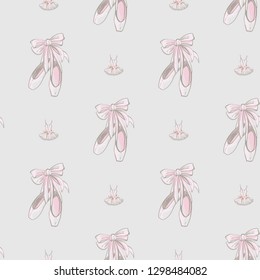 Ballet seamless pattern with pointe ballet shoes and tutu dress. Cute backdrop for dance school promo ads or cards. Hand drawn vintage watercolor illustration on white background. Baby fashion design.