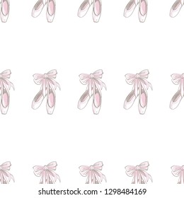 Ballet seamless pattern with pointe ballet shoes. Cute backdrop for dance school promo ads or cards. Hand drawn vintage watercolor illustration on white background. Baby fashion design.