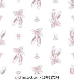 Ballet seamless pattern with pointe ballet shoes and tutu dress. Cute backdrop for dance school promo ads or cards. Hand drawn vintage watercolor illustration on white background. Baby fashion design.