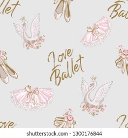 Ballet seamless pattern with pointe shoes, tutu skirt, I love ballet slogan, princess swan. Gold and pink vintage watercolor illustrated background. Baby fashion design for ballet dance school promo.