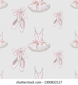 Ballet seamless pattern with pointe ballet shoes and tutu dress. Cute backdrop for dance school promo ads or cards. Hand drawn vintage watercolor illustration on white background. Baby fashion design.