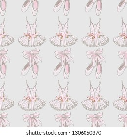Ballet seamless pattern with pointe ballet shoes and tutu dress. Cute backdrop for dance school promo ads or cards. Hand drawn vintage watercolor illustration on white background. Baby fashion design.