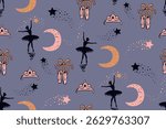 Ballet seamless pattern with ballet shoes, silhouette ballerina dancing, moon, stars, tiara. Dancing vector print. Childish background for girlish fabric, fancy textile, wrapping paper.