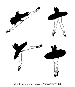 Ballet set. Ballerina in pointe shoes and a tutu. Dancer's legs. Silhouette. Vector illustration for design and decoration.