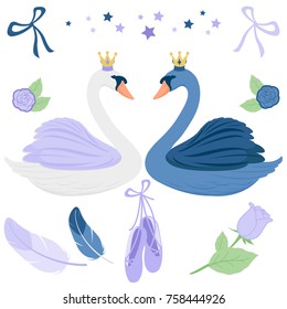 Ballet set with beautiful black and white princess swans, ballet shoes, feathers and flowers. Vector illustration
