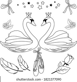 Ballet set with beautiful princess swans, ballet shoes, feathers, flowers, stars and ribbons. Vector black and white coloring page.