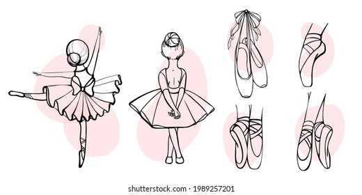 
ballet set contour with ballerinas and pointe shoes on the white background
