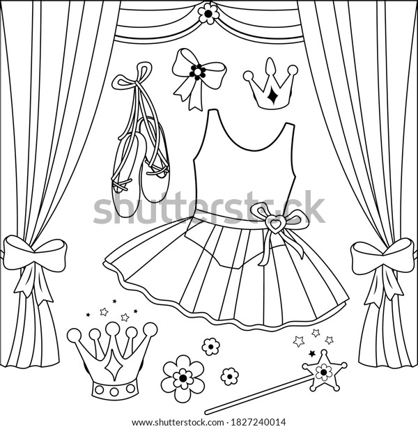Ballet set with cute ballerina dress and\
shoes. Vector black and white coloring\
page.