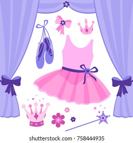 Ballet set with cute pink and purple ballerina accessories. Vector illustration set