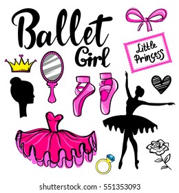Ballet set of dancer things, girl ballet silhouette, shape heart, dress, shoes, face, crown, pink bow, diamond ring, mirror with a handle, rose. I am princess card. original girls elements