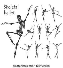 Ballet. Set of dancing black skeletons silhouettes isolated on white background. Vector illustration