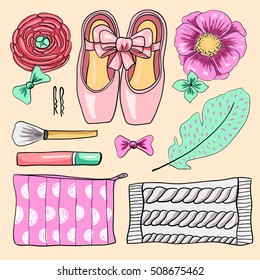 Ballet set. Pointe shoes, flowers, feather, hair clips, bows, cosmetic, lipstick, brush. Vector illustration, mockup