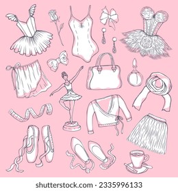 Ballet set vector illustration isolated on pink background.