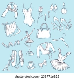 Ballet set vector illustration isolated on light blue background.