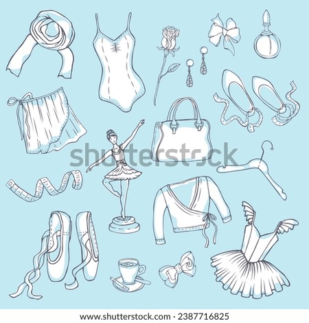 Ballet set vector illustration isolated on light blue background.