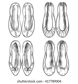 Ballet shoes collection. Set of hand drawn ballet shoes vector. Fashion girl shoes isolated on white. Ballet flats vector isolated. Fashion illustration for design, prints, label, etc. 