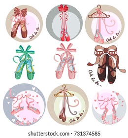 Ballet shoes. Collection of stickers on the theme of ballet dance. Cartoon style. Vector illustration