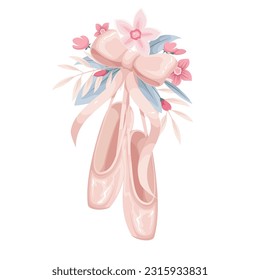 Ballettschuhe hängen auf Seidenband mit Schleife und Blumen Vektorgrafik. Cartoon einzeln rosafarbene Seidenballerinas Hausschuhe mit sommerblorelegantem Bouquet, Paar Pointe für Tanz zu klassischer Musik